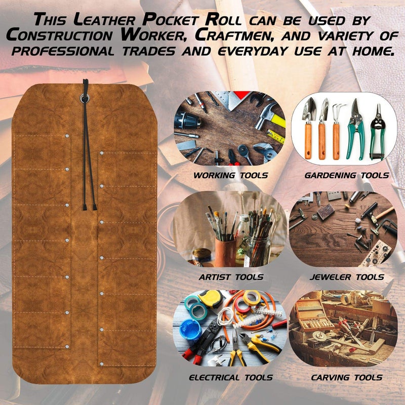UJ Ramelson Co UJ Ramelson 12 Pocket Suede Leather Tool Roll Up Holder Organizer Bag Pouch for Woodworking, Wood Carving, Chisel, Gouge, and More, Brown - Image 4